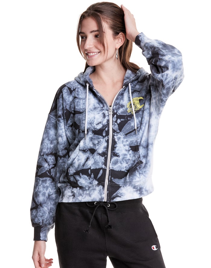 Champion Womens Hoodie NZ - Galaxy Dye Full Zip Boxy C Flower Logo White/Black ( 7918-KVGXT )